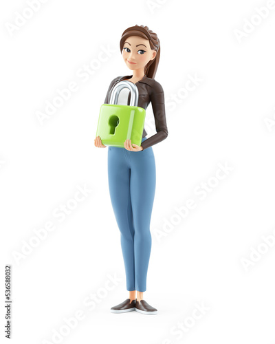 Fototapeta Naklejka Na Ścianę i Meble -  3d cartoon woman holding green padlock