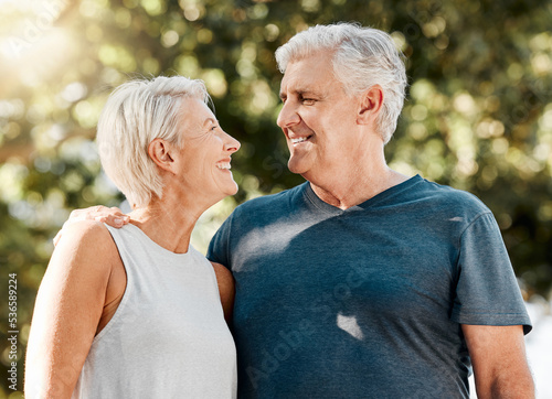 Senior couple, laughing and bonding in fitness workout and garden training in Australian nature park. Happy smile, exercise or retirement elderly man or woman in trust, health mindset support or love