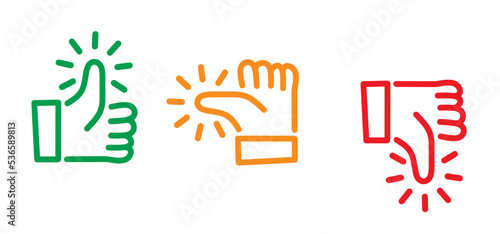 Compliments, oke, like hand thumb up or thumbs down. Funny okay or super good icons. Vector okey hands. Unlike or dislike day Don't or Dont finger