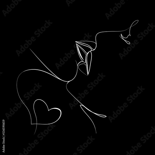 Lovers couple kissing Minimal art Face drawing Vector illustration on black background.Line Art Abstract Men and woman kissing.Couple print, Kiss print,Valentines Day Illustration.