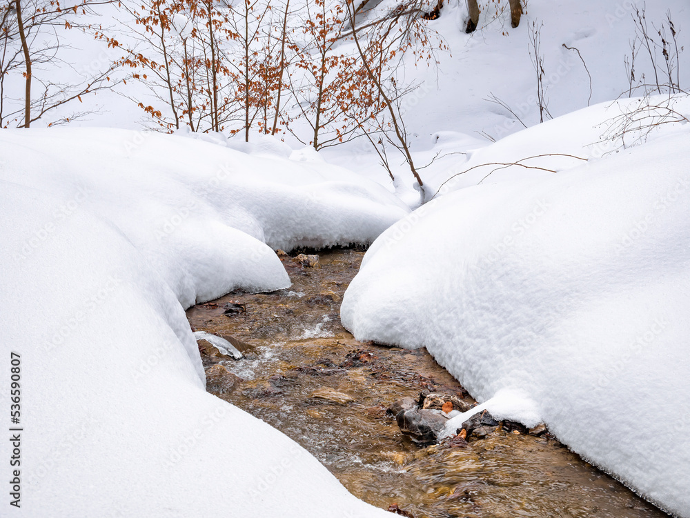 Minimalist abstract picture of a mountain stream flowing beneath the white frozen snow. Minimalist abstract picture of a mountain stream flowing beneath the white frozen snow.