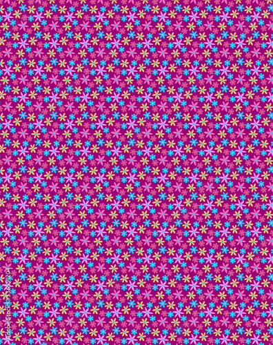 Сute spring summer pattern of simple multicolor flowers isolated on a bright fuchsia trendy color background