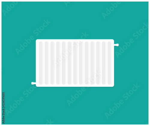 Heating metal radiator, white radiator, modern radiator at home logo design. Central heating system,  iron heating equipment in front. vector design and illustration.