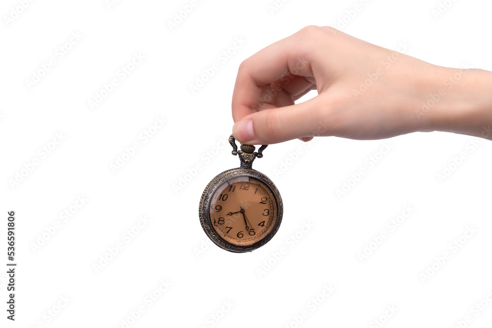 One hand held a pocket watch against a white background One hand held a pocket watch against a white background
