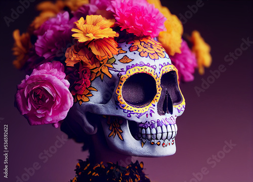 A creepy colourful portrait of a calaverita, skull for 