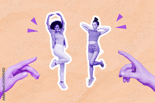 Composite collage illustration of two big arms fingers point mini girls have fun dance isolated on creative background