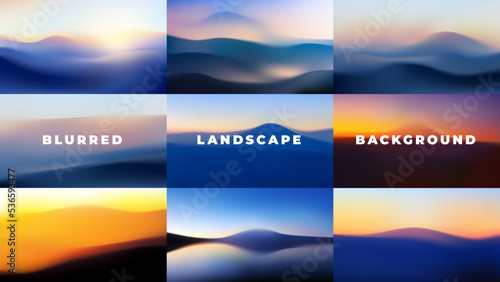 Set of blurred gradient landscapes and seascapes in fog with space for text. Vector illustrations of mountain slopes at sunset, desert dunes at sunrise. Abstract wavy background, wallpaper.