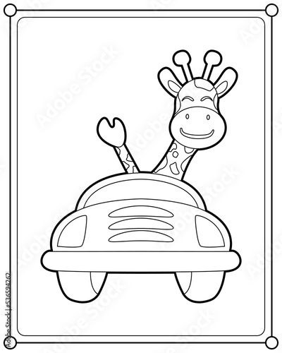 Cute giraffe driving a car suitable for children's coloring page vector illustration