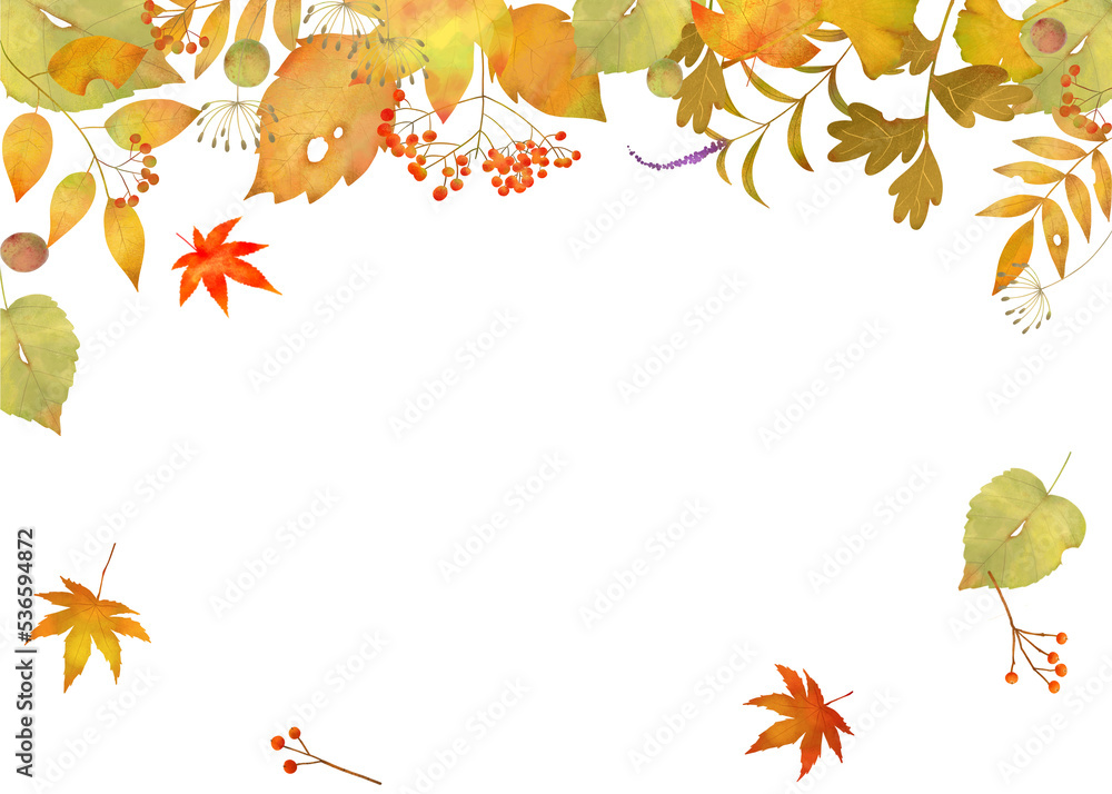 秋の紅葉した葉っぱのオシャレな北欧風ベクターフレーム白バックイラスト素材