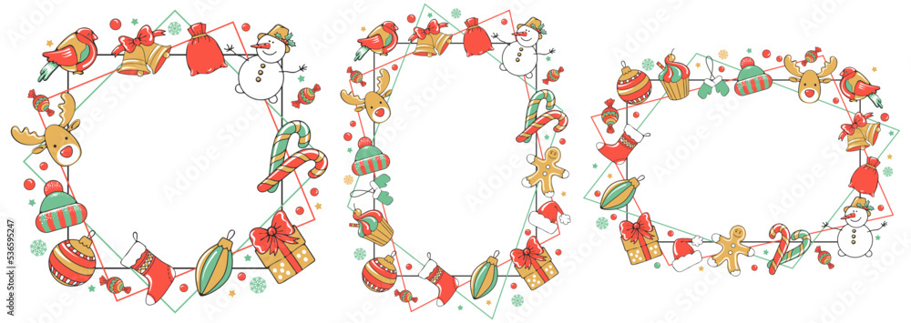 Christmas square and rectangle frames set with various holiday cartoon objects. Isolated on white background. Vector illustration