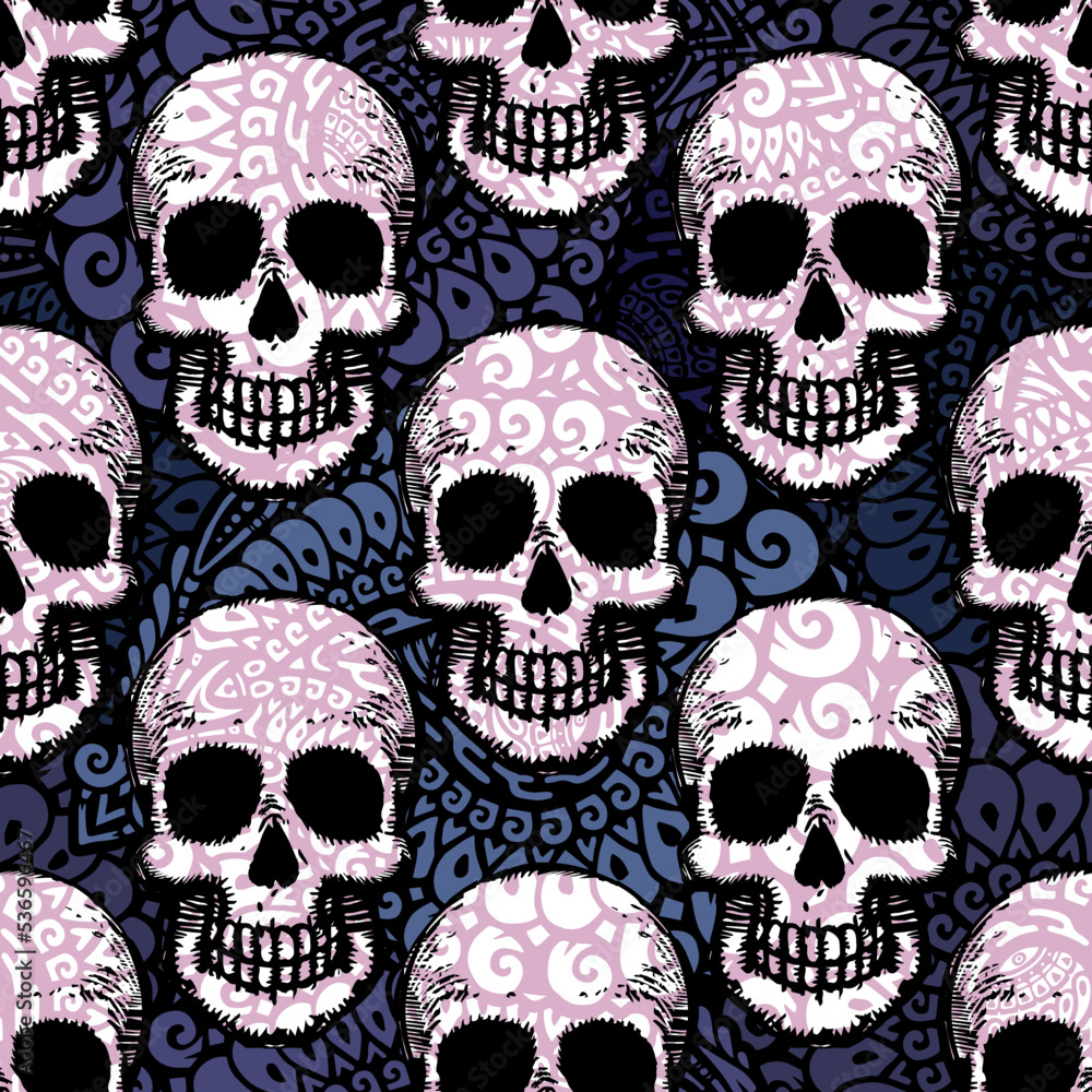 Seamless ethnic pattern with hand drawn skulls. Vector Illustration