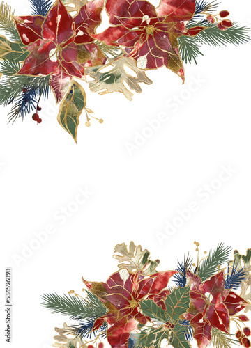 Watercolor Christmas border of gold contour poinsettia, berries and branches. Hand painted holiday card of flowers isolated on white background. Illustration for design, print, fabric or background.