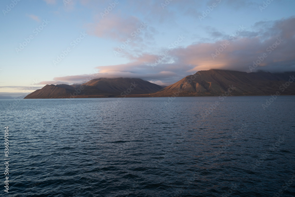 sunset in the arctic coast of Svalbard Islands, Norway