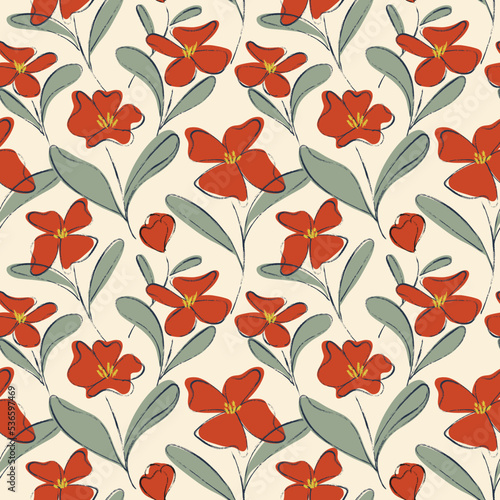 inky retro seamless pattern with red flowers 