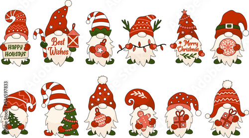 Christmas gnomes vector illustrations set. Christmas quotes. Winter holidays clipart photo