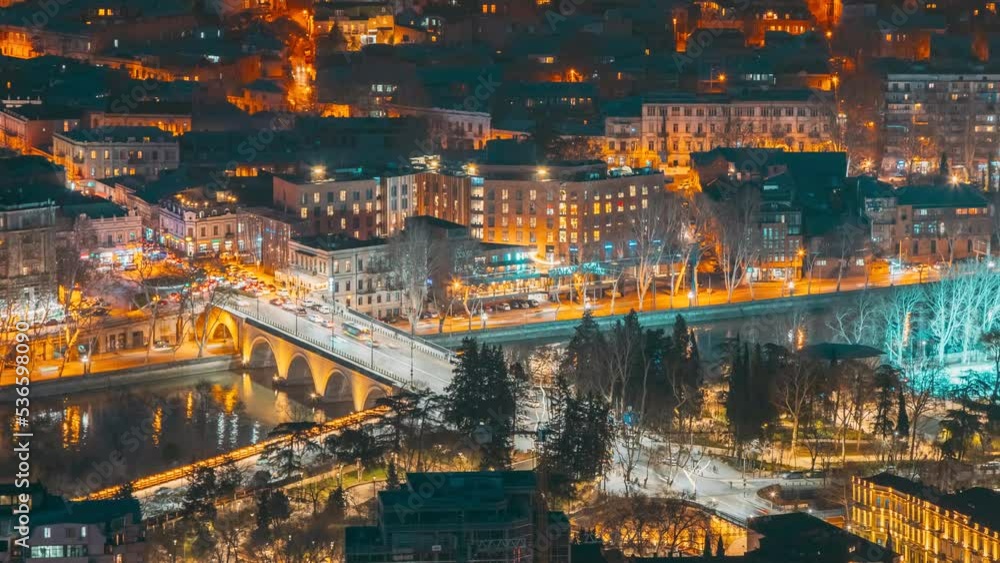 Tbilisi, Georgia. hypelapse Scenic View city night traffic. Georgian Capital Skyline Cityscape Night Time lapse timelapse. Tbilisi, Georgia. hypelapse Scenic View city night traffic. Georgian Capital Skyline Cityscape Night Time lapse timelapse.