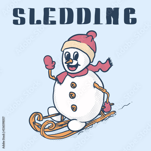 funky snowman sledding retro mascot . winter activity. vintage style icon illustration