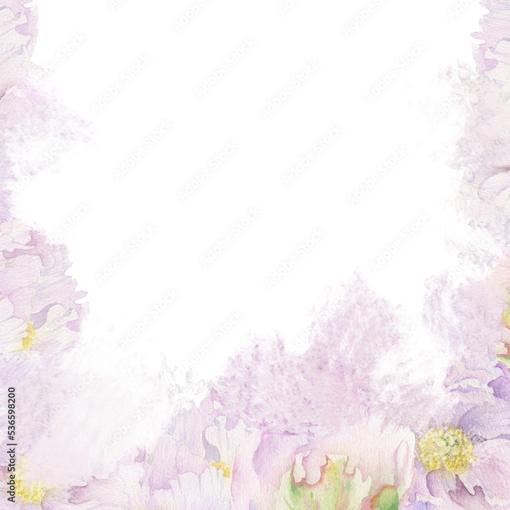 Watercolor pastel background arrangement with hand drawn delicate pink peony flowers, buds and leaves. Isolated on white. For invitations, wedding, love or greeting cards, paper, print, textile