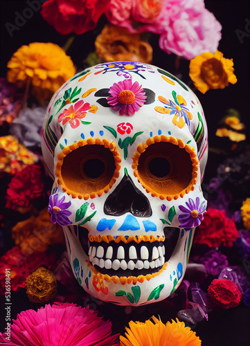 A creepy colourful portrait of a calaverita skull for 
