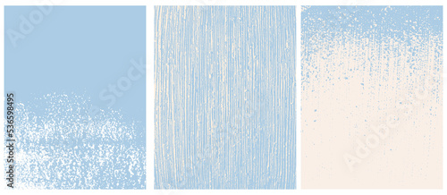 Set of 3 Abstract Grunge Vector Layouts. Irregular Splatters and Spots on a Pastel Blue and Beige Background. Soft Abstract Painting Style Art. Blanks Set without Text.