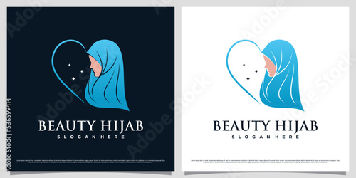Muslimah women logo design wearing hijab with love icon and creative element concept