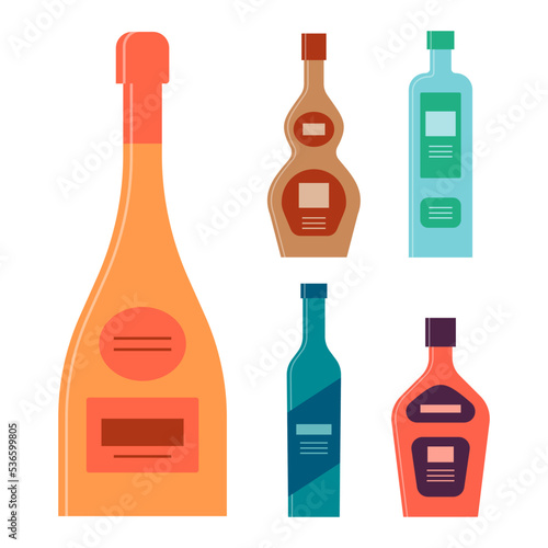 Bottle of champagne cognac schnapps vodka liquor. Icon bottle with cap and label. Graphic design for any purposes. Flat style. Color form. Party drink concept. Simple image shape