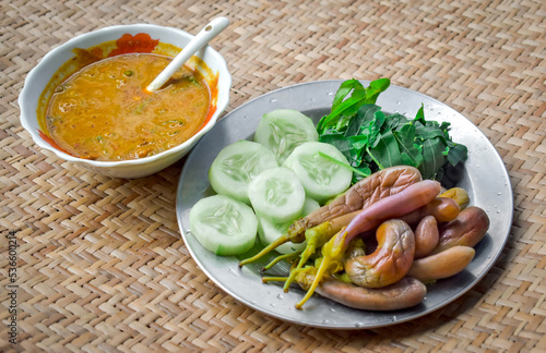 Myanmar or Burmese Fish Preserve Sauce, Ngapi yay and Fresh boiled Vegetables. photo