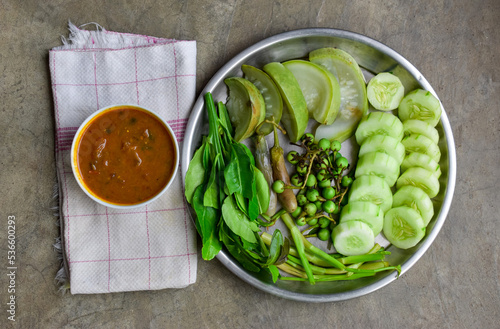 Myanmar or Burmese Fish Preserve Sauce, Ngapi yay and Fresh boiled Vegetables. photo