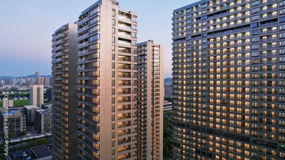 aerial view of residential buildings at twilight aerial view of residential buildings at twilight