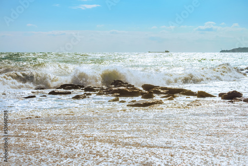 Stormy coast. Sea surf. Feodosia Bay in Black sea.