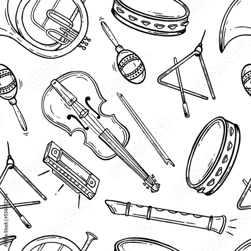 Seamless pattern musical instruments Hand drawn Vector black and white doodle Illustration