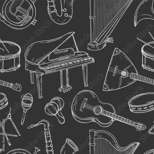 Seamless pattern musical instruments Hand drawn Vector black and white doodle Illustration