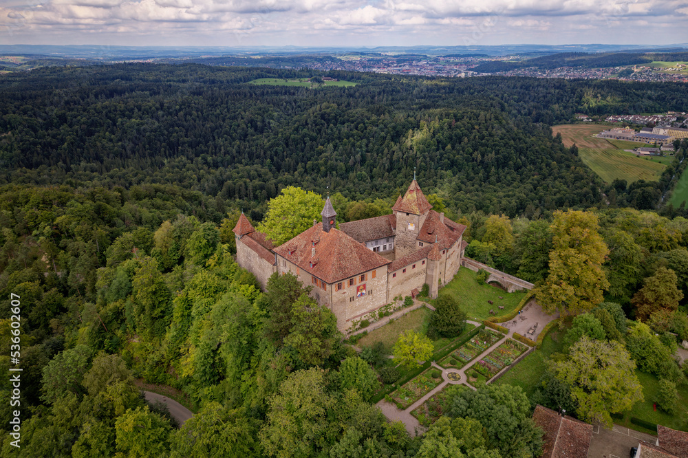 Aerial view of Kyburg village and castle, Canton Zürich, and scenic landscape on a sunny late summer day. Photo taken September 2nd, 2022, Kyburg, Switzerland. Aerial view of Kyburg village and castle, Canton Zürich, and scenic landscape on a sunny late summer day. Photo taken September 2nd, 2022, Kyburg, Switzerland.