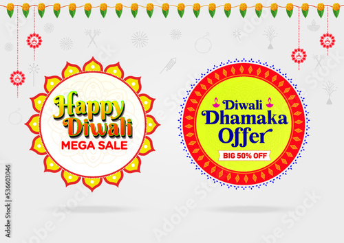 Happy Diwali Discounts Upto 50% Off Banner. Indian Festival of Light, Sale Offer, Logo design, Sticker, Concept, Greeting Card Template, Icon, Poster, Unit, Label, Web, Mnemonic with Lights background