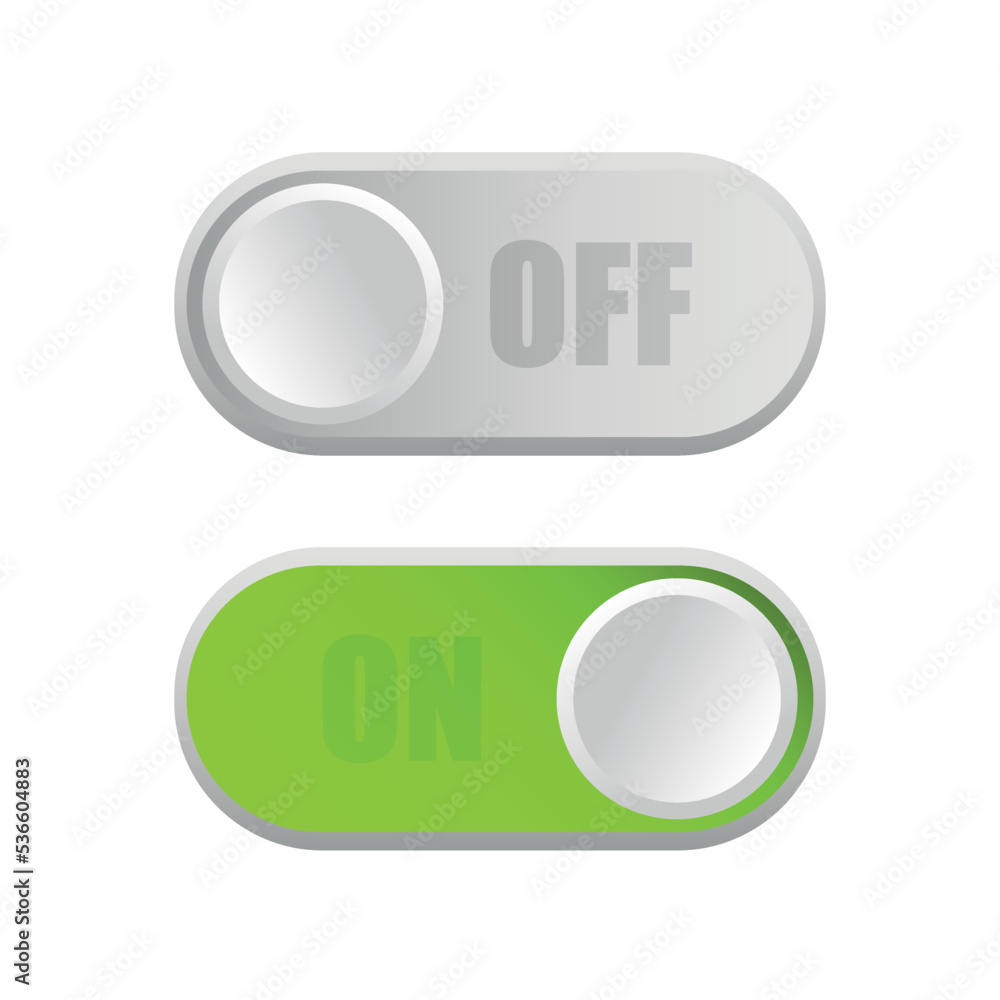 On and off toggle switch buttons set. Set of switch on and off icons. Flat icon on and off toggle switch button vector format On and off toggle switch buttons set. Set of switch on and off icons. Flat icon on and off toggle switch button vector format