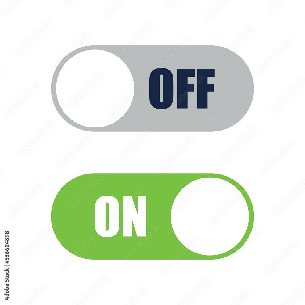 On and off toggle switch buttons set. Set of switch on and off icons. Flat icon on and off toggle switch button vector format On and off toggle switch buttons set. Set of switch on and off icons. Flat icon on and off toggle switch button vector format