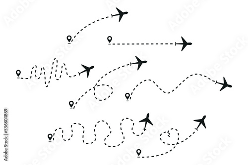 Airplane dotted route line the way airplane. Airplane routes with start point and dash line trace of line path of air plane flight. Planes, travel, map pins, location pins. Vector illustration