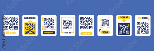 QR code scan for smartphone. Qr code frame vector set. Electronic digital technology. Vector illustration, flat style