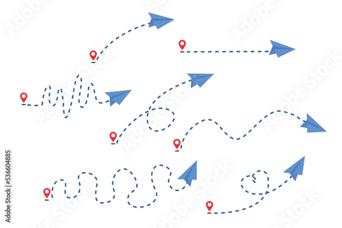 Paper plane line path route. Airplane routes with start point and dash line trace of line path of air plane flight. Planes, travel, map pins, location pins. Vector illustration