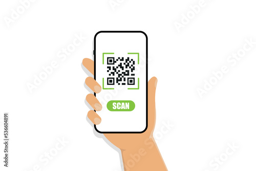 QR code scan to smartphone. A hand holding smartphone and scanning qr code. Electronic digital technology. Vector illustration, flat style