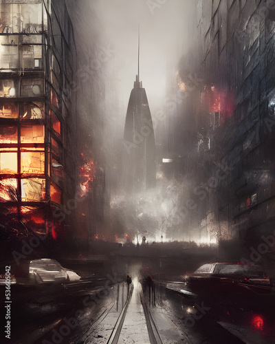 Illustration, Dark, Post Apocalyptic Cityscape, Manhattan