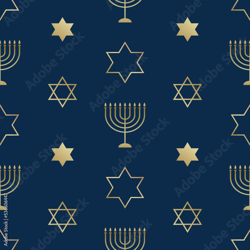 Celebration seamless pattern with golden chandeliers and stars of David on the black background for Hanukkah Jewish holiday. Luxury texture for banner, wallpaper, card or poster.