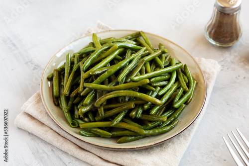 Homemade Sauteed Green Beans on a Plate, low angle view.