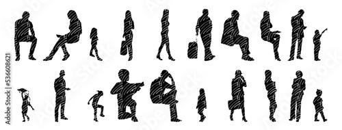 Vector illustration, Outline silhouettes of people, Contour drawing, people silhouette, Icon Set Isolated , Silhouette of sitting people, Architectural set	
