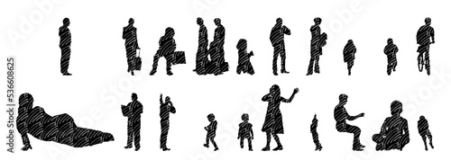 Vector illustration, Outline silhouettes of people, Contour drawing, people silhouette, Icon Set Isolated , Silhouette of sitting people, Architectural set	
