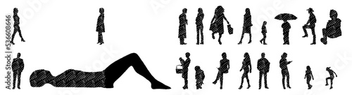 Vector illustration, Outline silhouettes of people, Contour drawing, people silhouette, Icon Set Isolated , Silhouette of sitting people, Architectural set	
