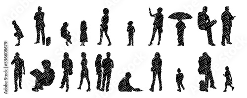 Vector illustration, Outline silhouettes of people, Contour drawing, people silhouette, Icon Set Isolated , Silhouette of sitting people, Architectural set	
