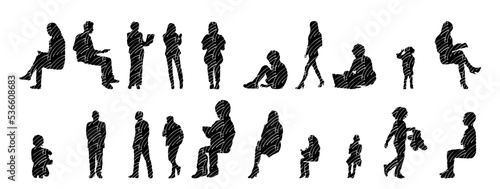 Vector illustration, Outline silhouettes of people, Contour drawing, people silhouette, Icon Set Isolated , Silhouette of sitting people, Architectural set	
