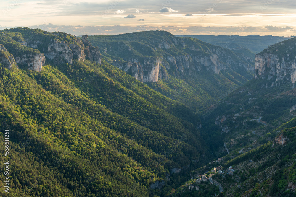 View of the Gorges de la Jonte and the village of Le Truel in the Cevennes National Park.