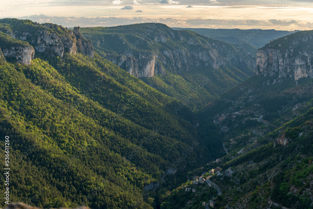 View of the Gorges de la Jonte and the village of Le Truel in the Cevennes National Park. View of the Gorges de la Jonte and the village of Le Truel in the Cevennes National Park.